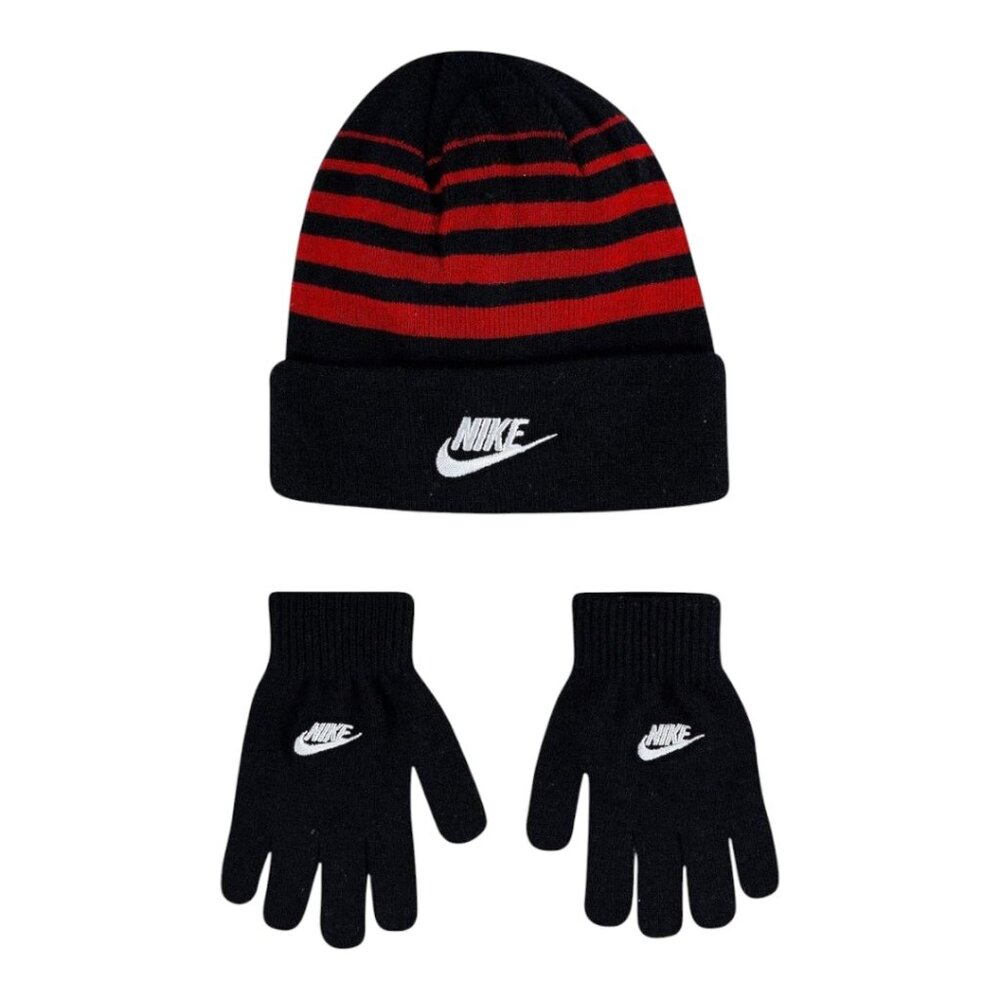 Nike Boy`s Foldover Beanie Hat & Glove 2 Piece Set ~ Black/Red Stripes ~ 8-20